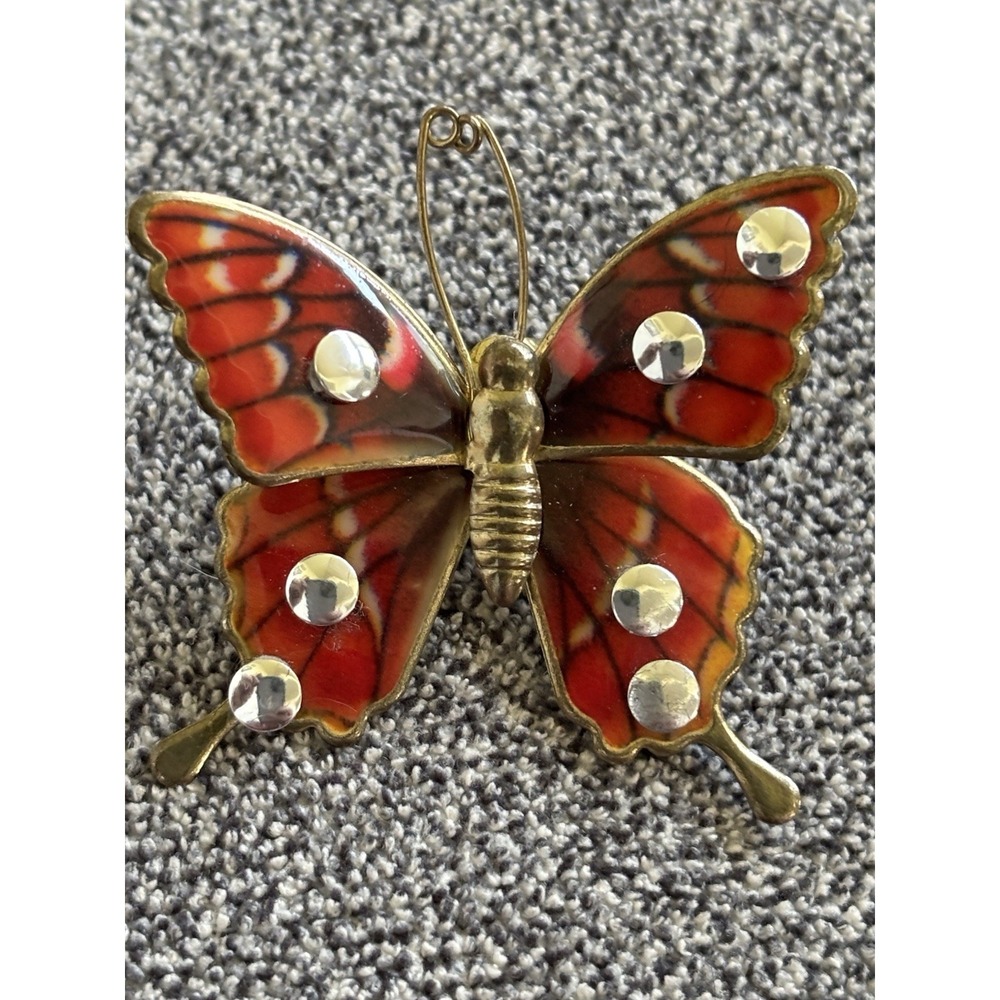 Vintage Butterfly Brooch Pendant Orange Red Enamel Rhinestone Gold Tone Pin